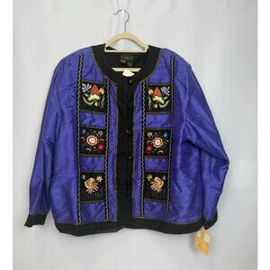 NWT Allure 100% Silk Embroidered Floral Jacket Size 3X Royal Purple